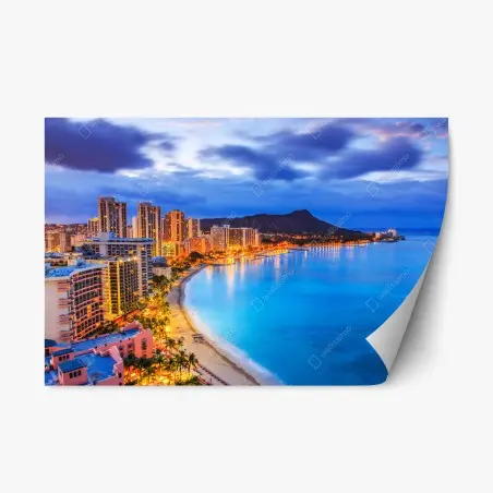 Adesivo riposizionabile skyline di Honolulu con Diamond Head al tramonto • Wallissimo®
