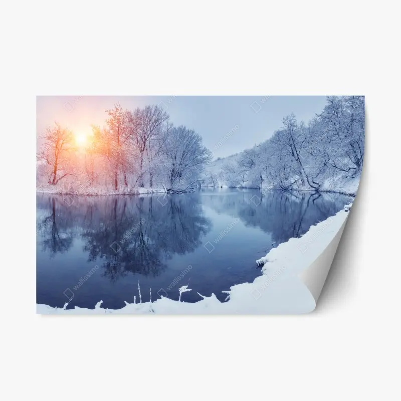 Adesivo riposizionabile tramonto invernale sul fiume ghiacciato