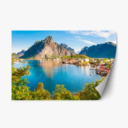 Adesivo riposizionabile panorama nordico sul fiordo con villaggio colorato • Wallissimo®