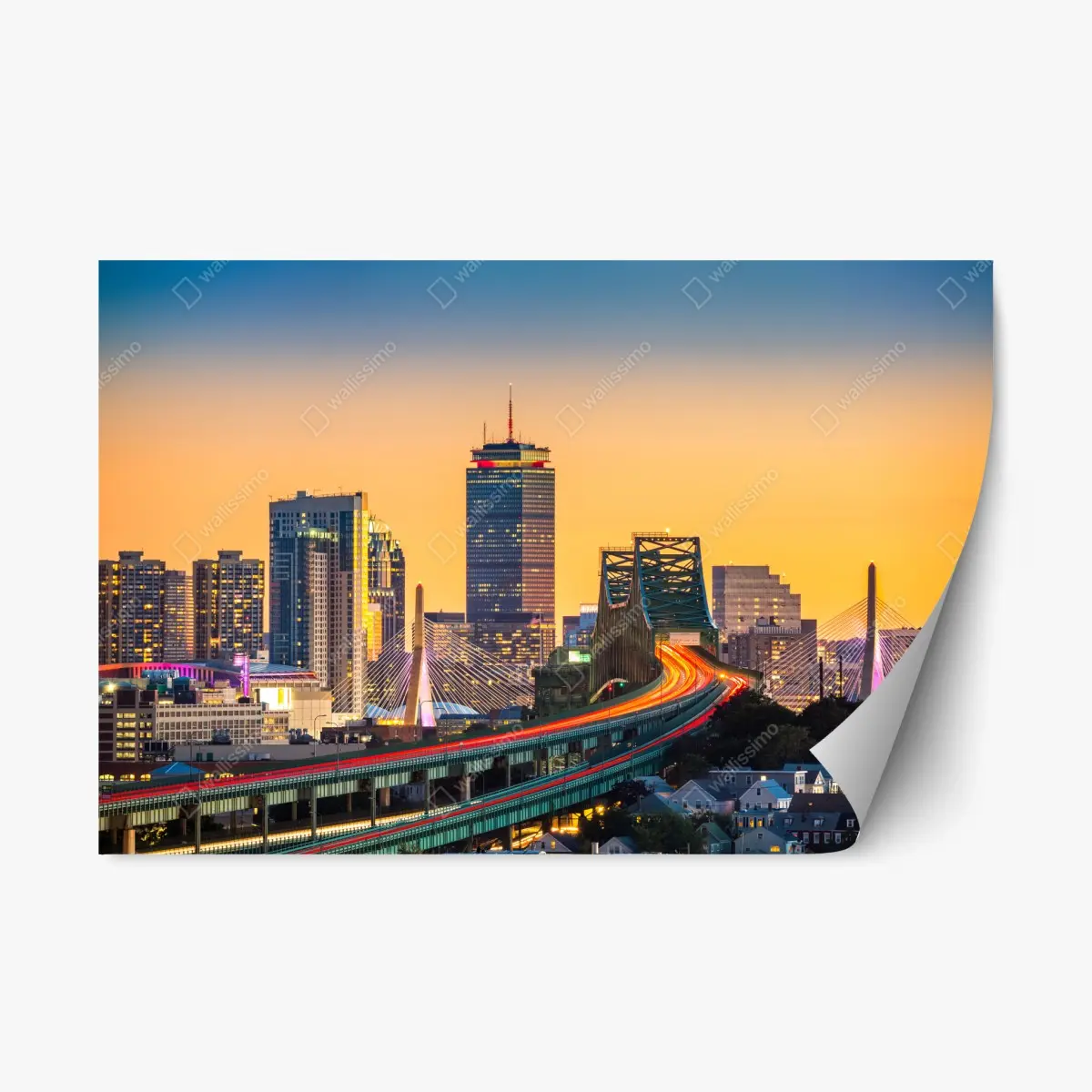 Adesivo riposizionabile tramonto urbano sulla skyline di Boston con i ponti Zakim e Tobin • Wallissimo®