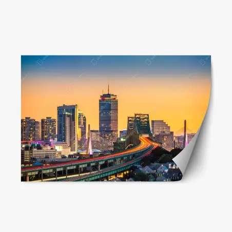 Adesivo riposizionabile tramonto urbano sulla skyline di Boston con i ponti Zakim e Tobin • Wallissimo®
