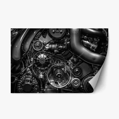 Adesivo riposizionabile dettaglio di motore industriale in bianco e nero • Wallissimo®