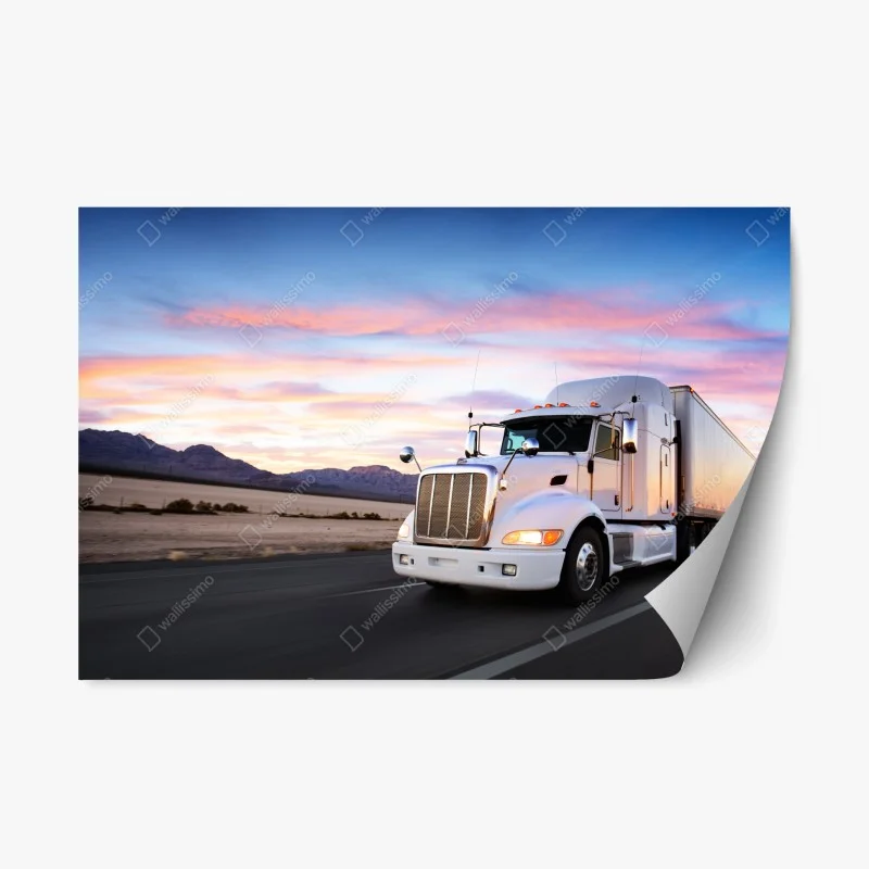 Adesivo riposizionabile camion bianco al tramonto su strada deserta