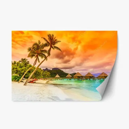 Adesivo riposizionabile tramonto tropicale a Bora Bora con Monte Otemanu • Wallissimo®