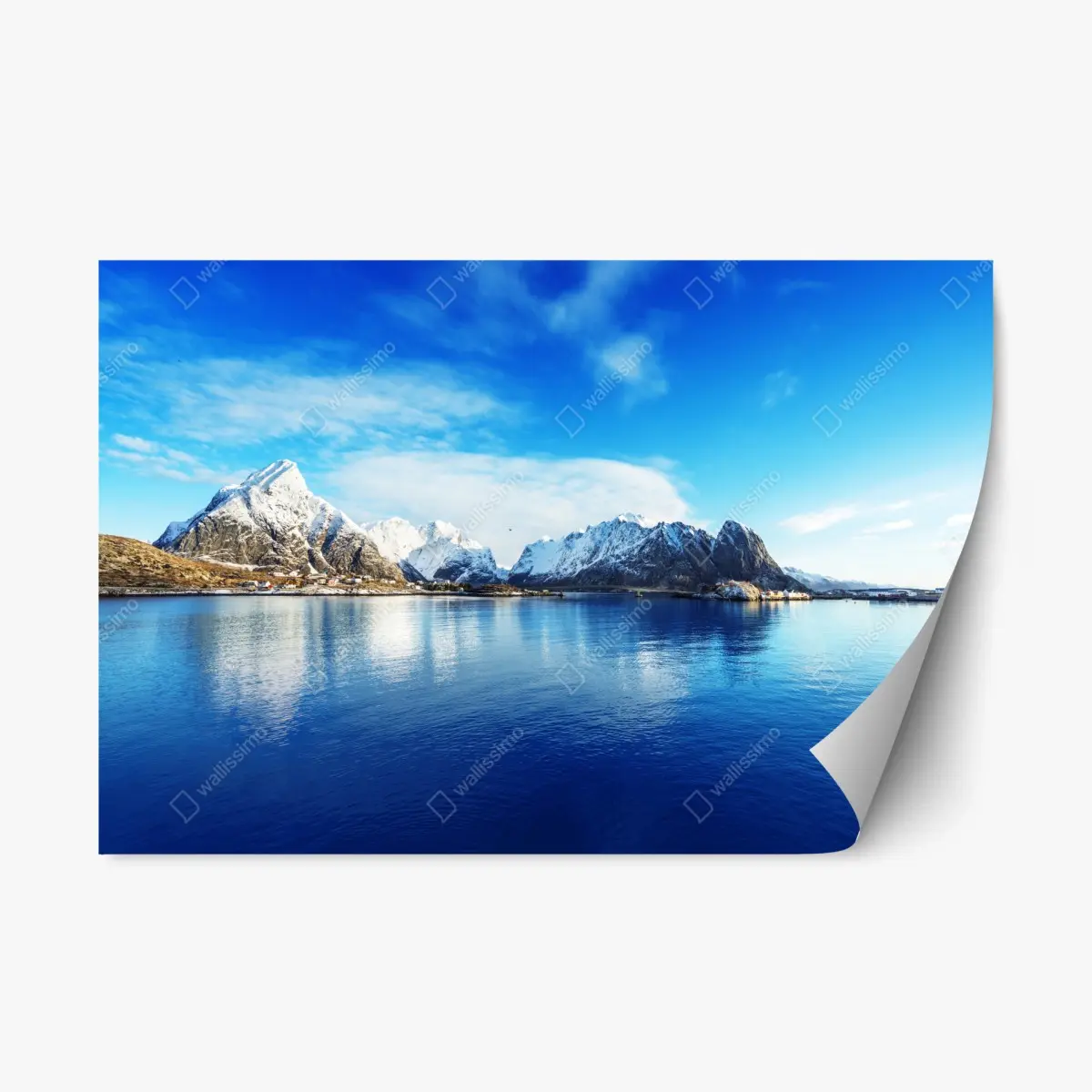 Adesivo riposizionabile panorama innevato di Reine alle isole Lofoten, Norvegia • Wallissimo®