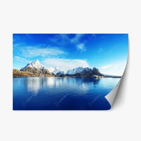 Adesivo riposizionabile panorama innevato di Reine alle isole Lofoten, Norvegia • Wallissimo®