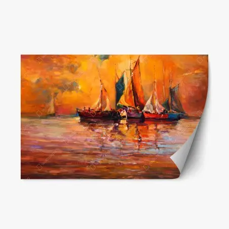 Adesivo riposizionabile barche a vela al tramonto dorato • Wallissimo®