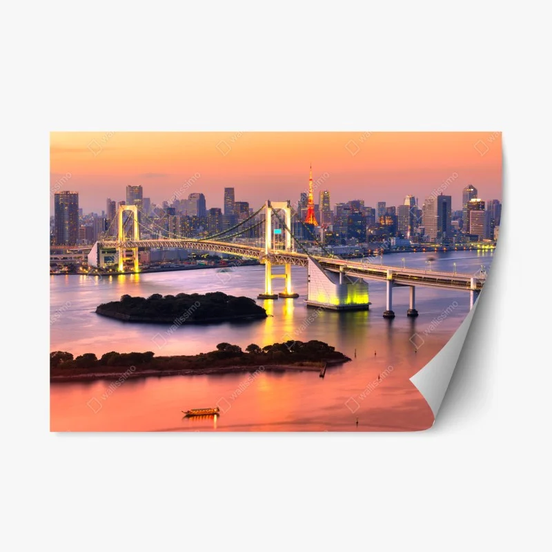 Adesivo riposizionabile tramonto sullo skyline di Tokyo con Rainbow Bridge e Tokyo Tower