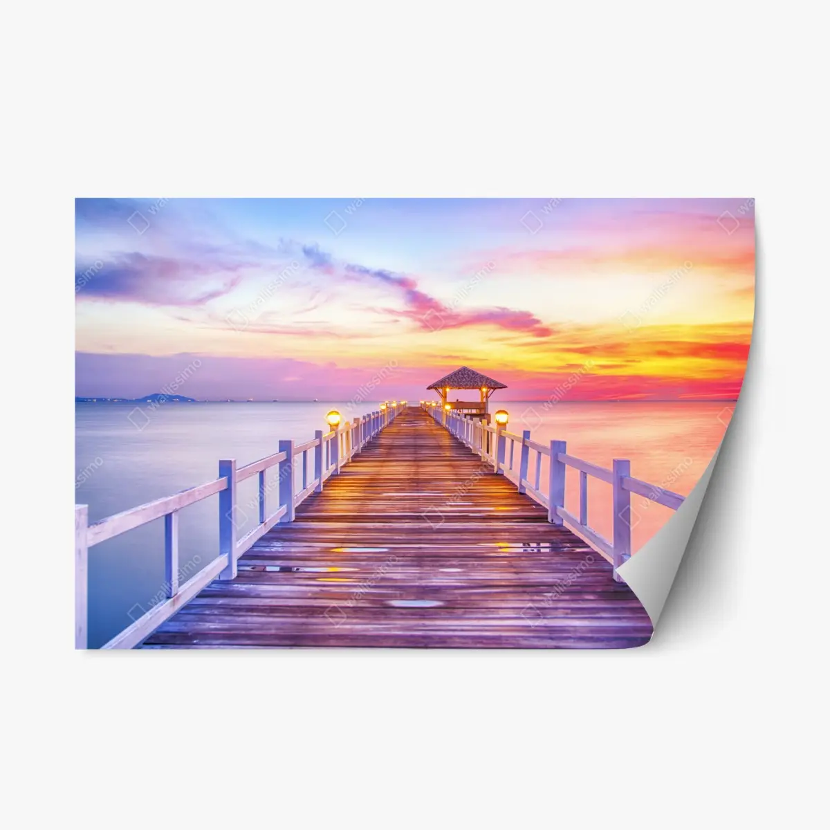 Adesivo riposizionabile tramonto sul molo: vista serena sul mare • Wallissimo®