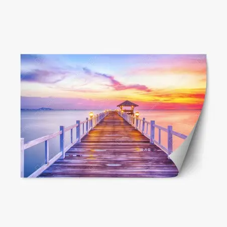 Adesivo riposizionabile tramonto sul molo: vista serena sul mare • Wallissimo®