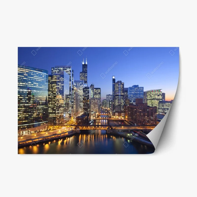 Adesivo riposizionabile skyline notturno di Chicago sul fiume