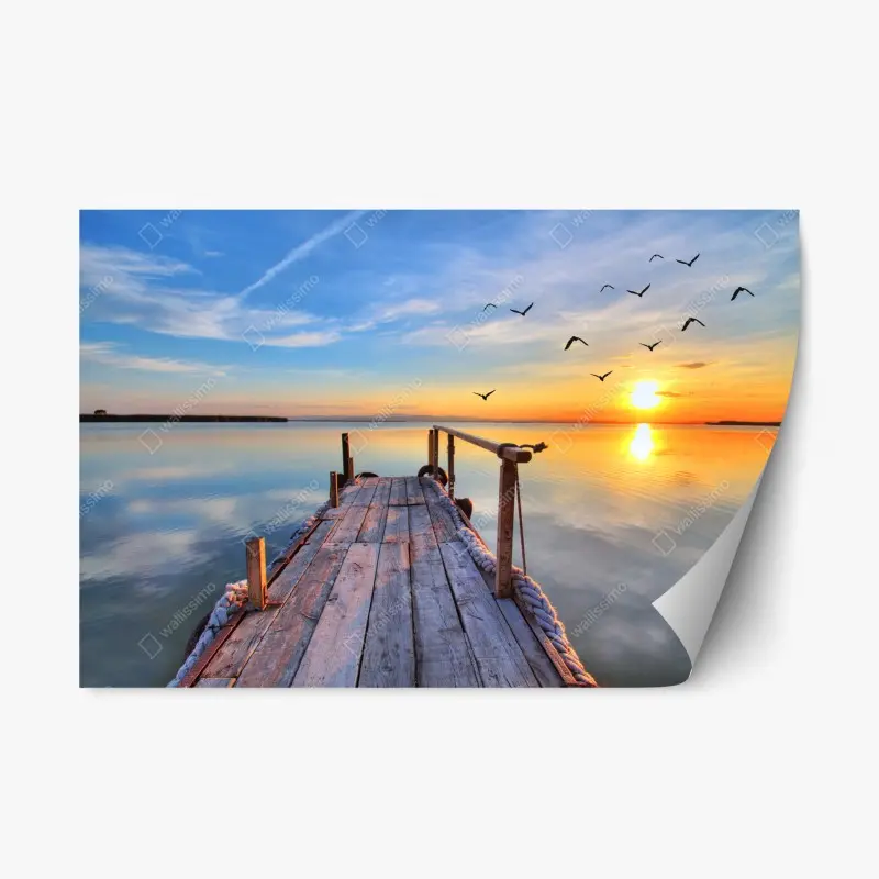 Adesivo riposizionabile molo di legno al tramonto sul lago