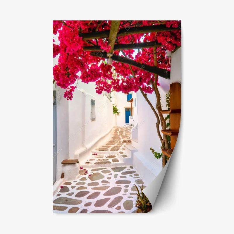 Adesivo riposizionabile vicolo fiorito mediterraneo con bouganville