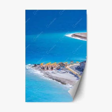 Adesivo riposizionabile spiaggia di Rodi con ombrelloni arancioni • Wallissimo®