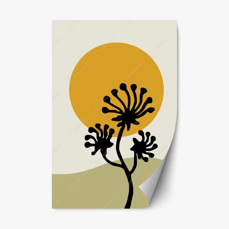 Adesivo riposizionabile sole dorato e fiori in silhouette