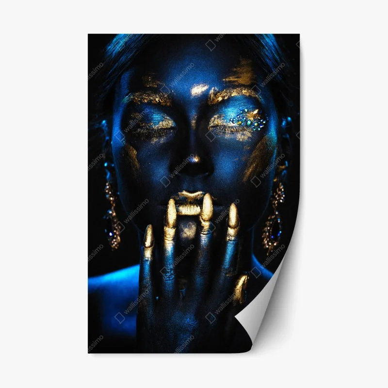 Adesivo riposizionabile ritratto glamour blu e oro con dettagli dorati