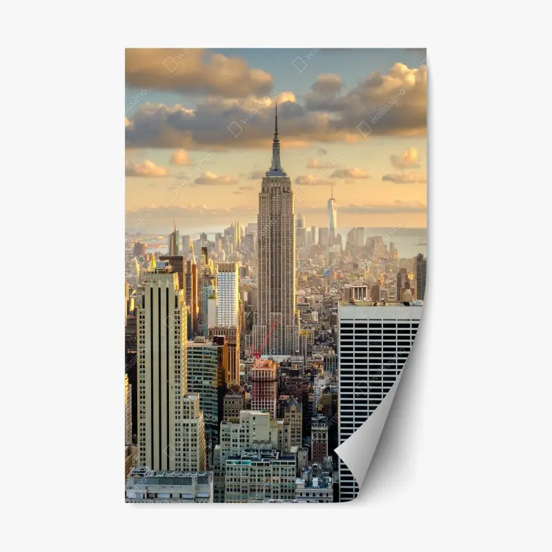 Adesivo riposizionabile tramonto dorato su New York con Empire State Building • Wallissimo®