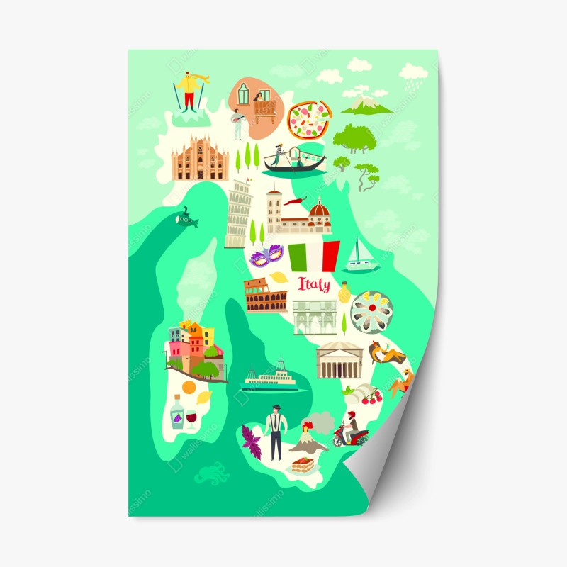 Adesivo riposizionabile mappa illustrata delle meraviglie d'Italia