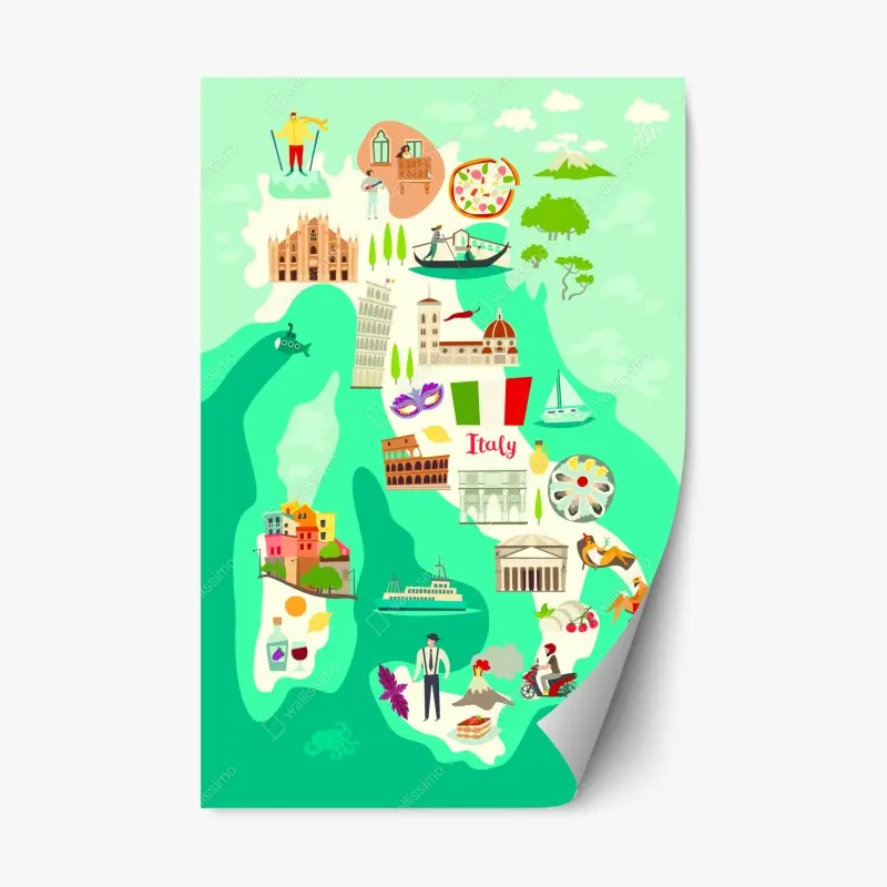 Adesivo riposizionabile mappa illustrata delle meraviglie d'Italia