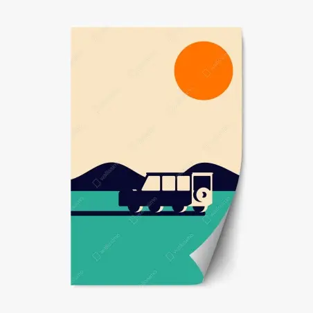Adesivo riposizionabile tramonto geometrico con auto retrò • Wallissimo®