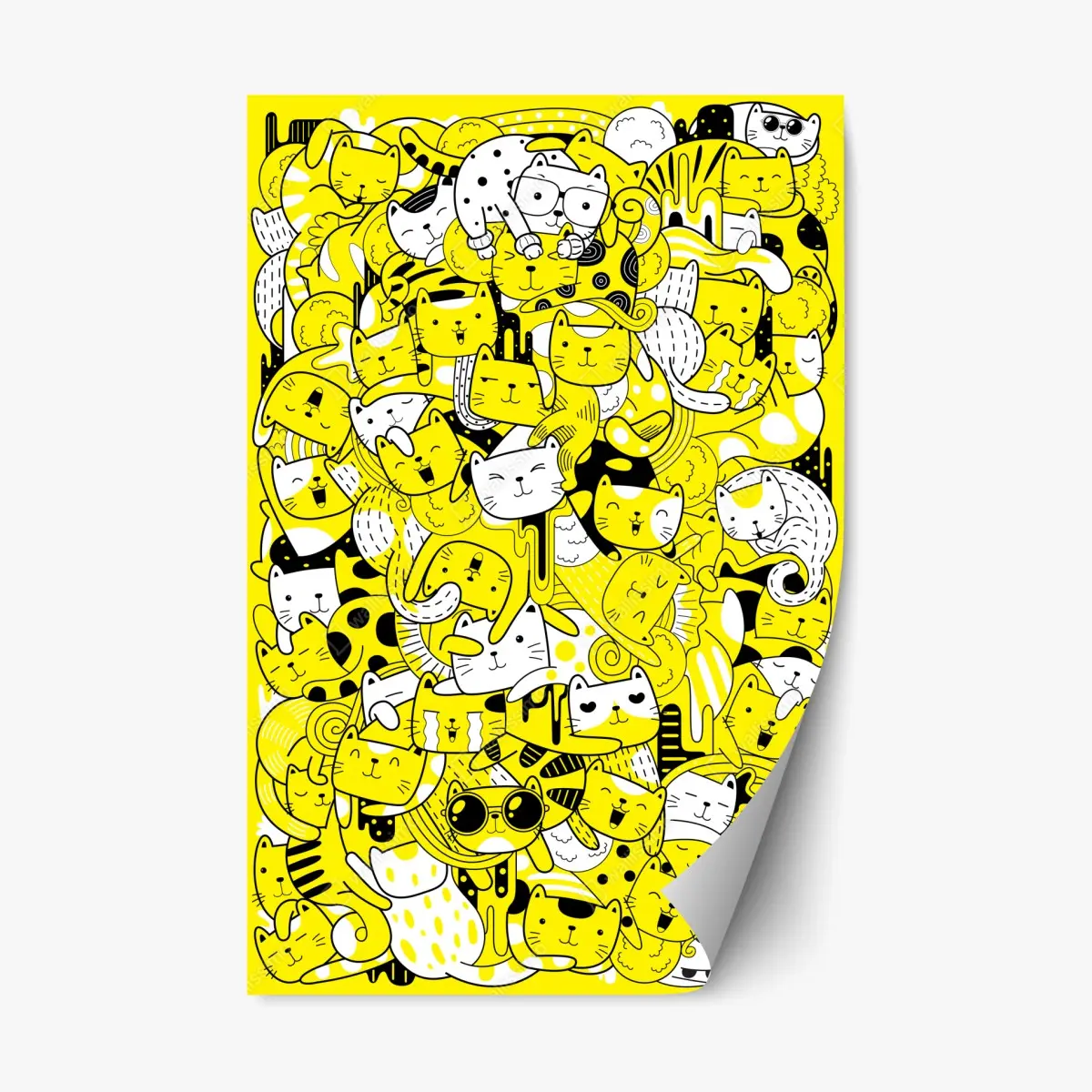 Adesivo riposizionabile mosaico di gatti giocosi in giallo e nero • Wallissimo®