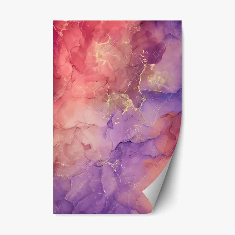 Adesivo riposizionabile marmo liquido rosa e viola con venature dorate