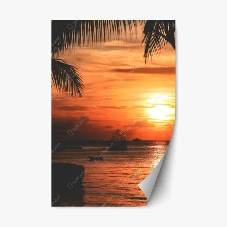 Adesivo riposizionabile tramonto tropicale sul mare con palme e barche • Wallissimo®