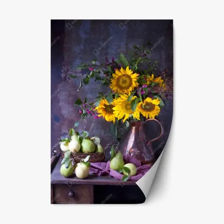 Adesivo riposizionabile girasoli e pere su tavolo rustico • Wallissimo®