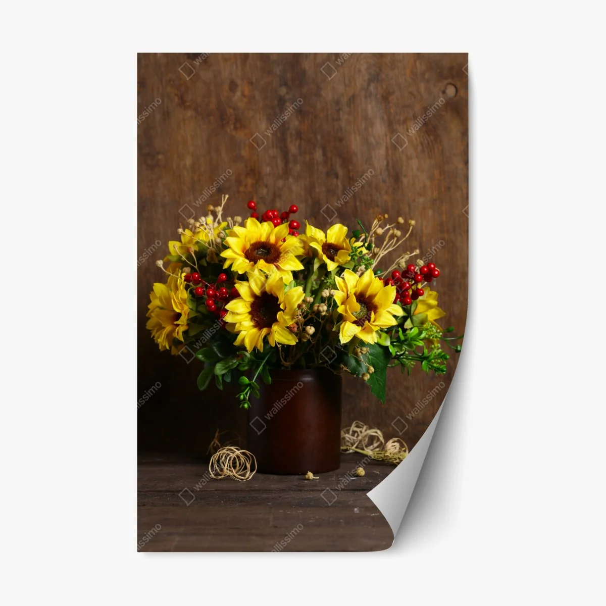 Adesivo riposizionabile bouquet di girasoli autunnale su sfondo rustico • Wallissimo® Adesivo riposizionabile bouquet di girasoli autunnale su sfondo rustico • Wallissimo®