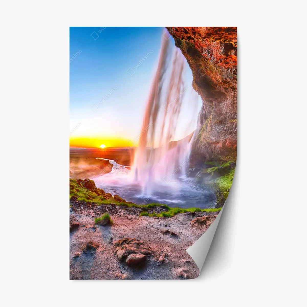 Adesivo riposizionabile magia della cascata di Seljalandsfoss al tramonto, Islanda • Wallissimo® Adesivo riposizionabile magia della cascata di Seljalandsfoss al tramonto, Islanda • Wallissimo®