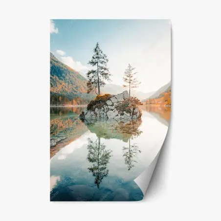 Adesivo riposizionabile riflessi al tramonto sull'isola del lago Hintersee • Wallissimo®