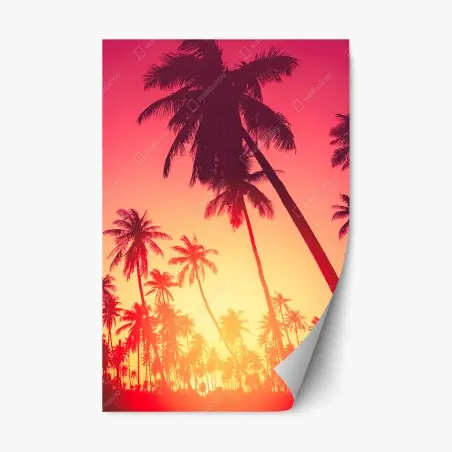 Adesivo riposizionabile tramonto tropicale con palme in silhouette • Wallissimo®