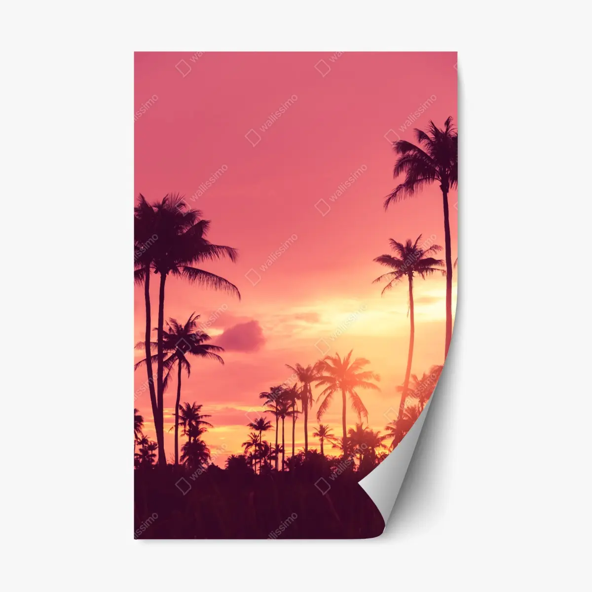 Adesivo riposizionabile tramonto tropicale con palme in silhouette • Wallissimo®