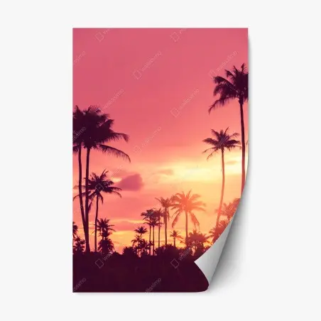Adesivo riposizionabile tramonto tropicale con palme in silhouette • Wallissimo®