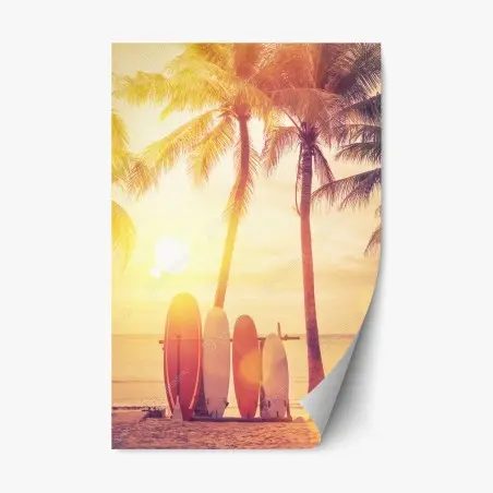 Adesivo riposizionabile tramonto tropicale con tavole da surf • Wallissimo®