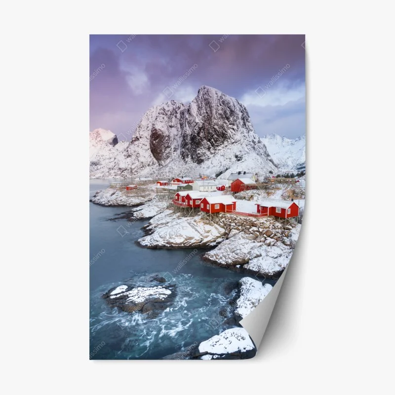 Adesivo riposizionabile rorbu rosse sul fiordo innevato