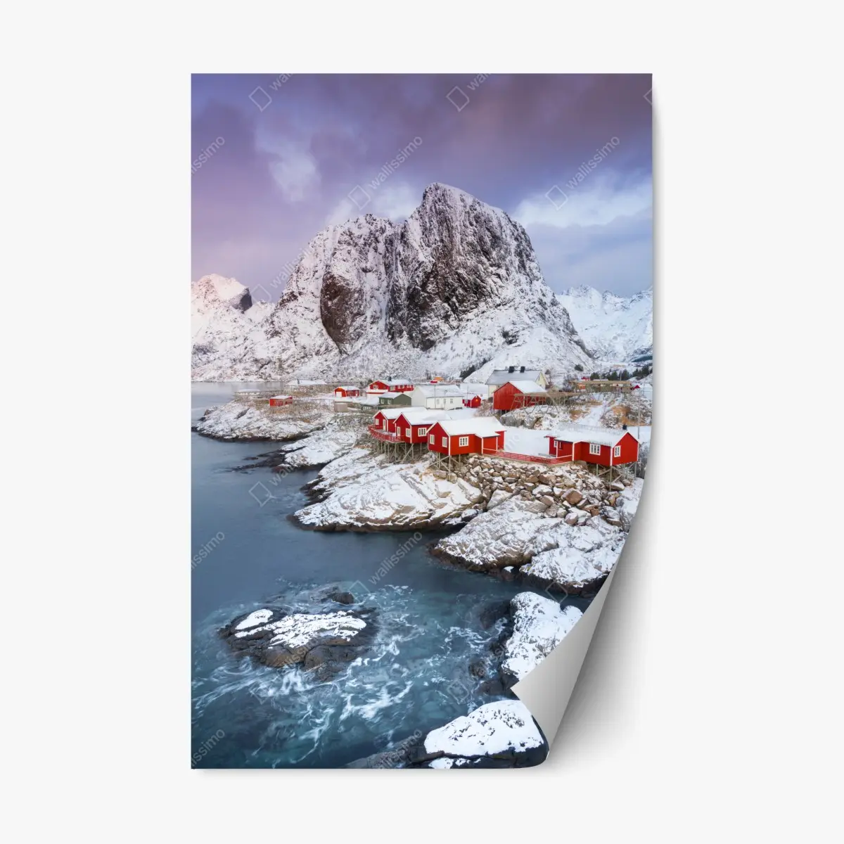 Adesivo riposizionabile rorbu rosse sul fiordo innevato • Wallissimo®