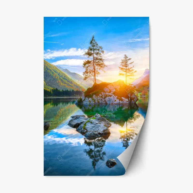 Adesivo riposizionabile tramonto autunnale sul lago Hintersee, isola rocciosa e riflessi alpini