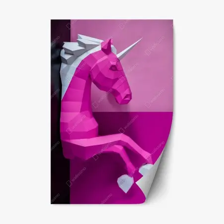 Adesivo riposizionabile unicorno geometrico fucsia su sfondo rosa • Wallissimo®