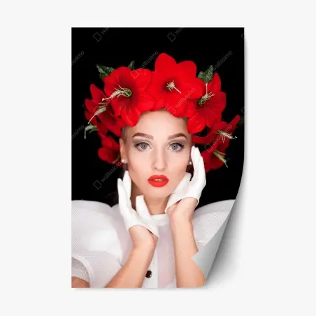 Adesivo riposizionabile ritratto floreale: eleganza in rosso e bianco • Wallissimo®