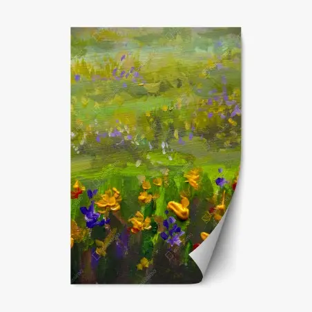 Adesivo riposizionabile campo impressionista di fiori viola e dorati • Wallissimo®