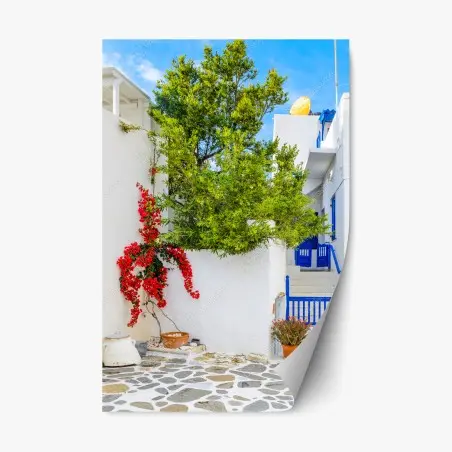 Adesivo riposizionabile angolo mediterraneo con bougainvillea e porte blu • Wallissimo®