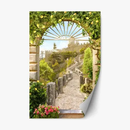 Adesivo riposizionabile sentiero fiorito verso il castello • Wallissimo®