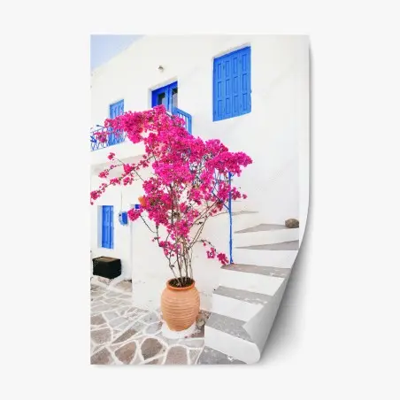 Adesivo riposizionabile bouganvillea rosa su facciata bianca • Wallissimo®