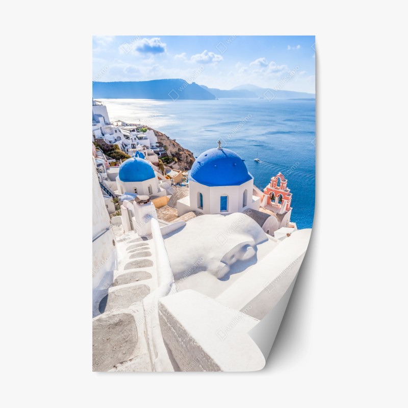 Adesivo riposizionabile panorama marino di Santorini con cupole blu
