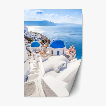 Adesivo riposizionabile panorama marino di Santorini con cupole blu • Wallissimo®