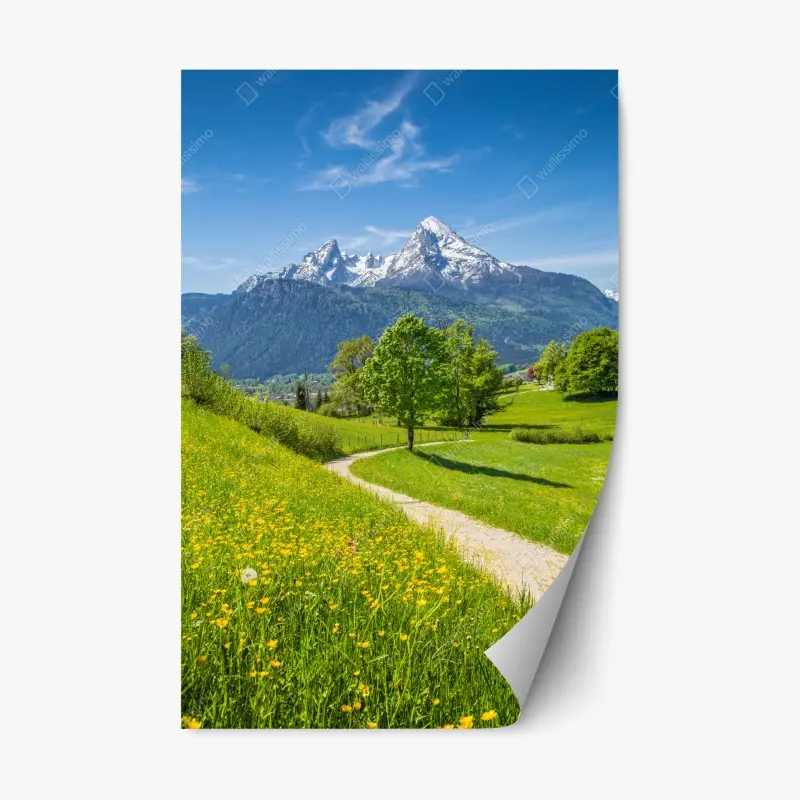 Adesivo riposizionabile panorama alpino primaverile con sentiero fiorito