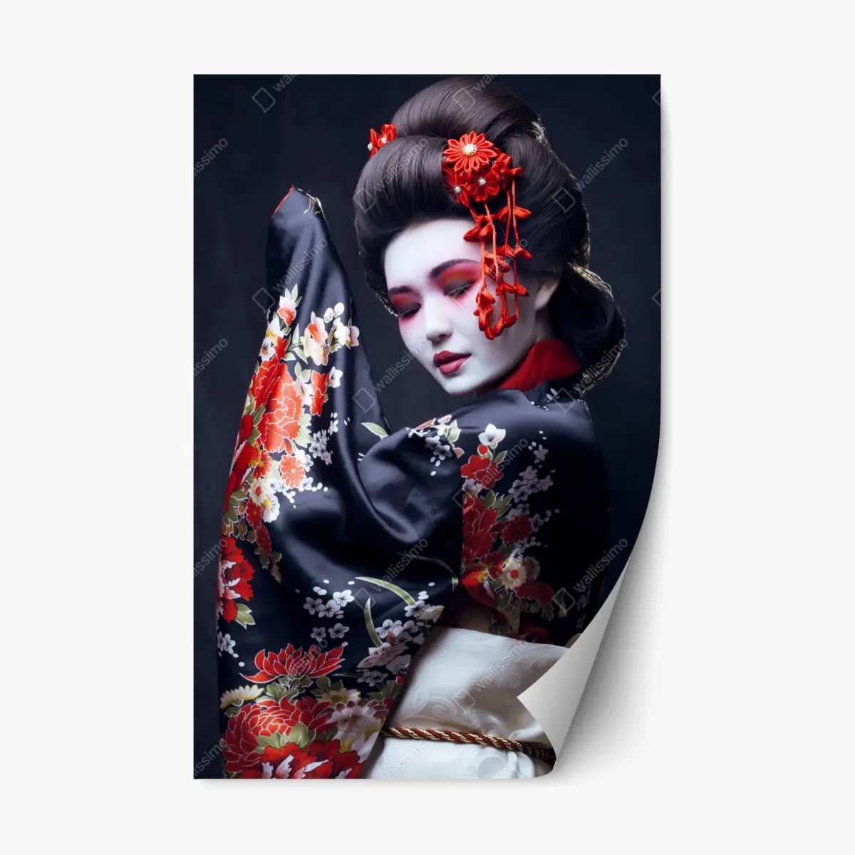 Adesivo riposizionabile eleganza di una geisha in kimono floreale • Wallissimo® Adesivo riposizionabile eleganza di una geisha in kimono floreale • Wallissimo®