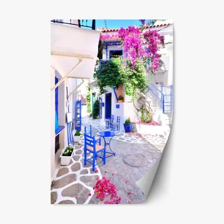 Adesivo riposizionabile scorcio del Mediterraneo con bougainvillea e sedie blu • Wallissimo®
