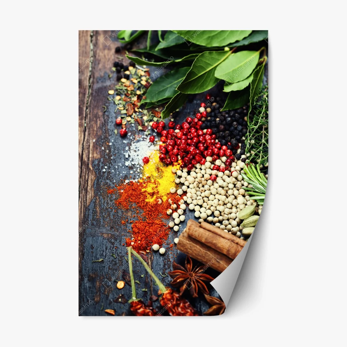 Adesivo riposizionabile composizione di spezie ed erbe aromatiche su legno rustico • Wallissimo® Adesivo riposizionabile composizione di spezie ed erbe aromatiche su legno rustico • Wallissimo®